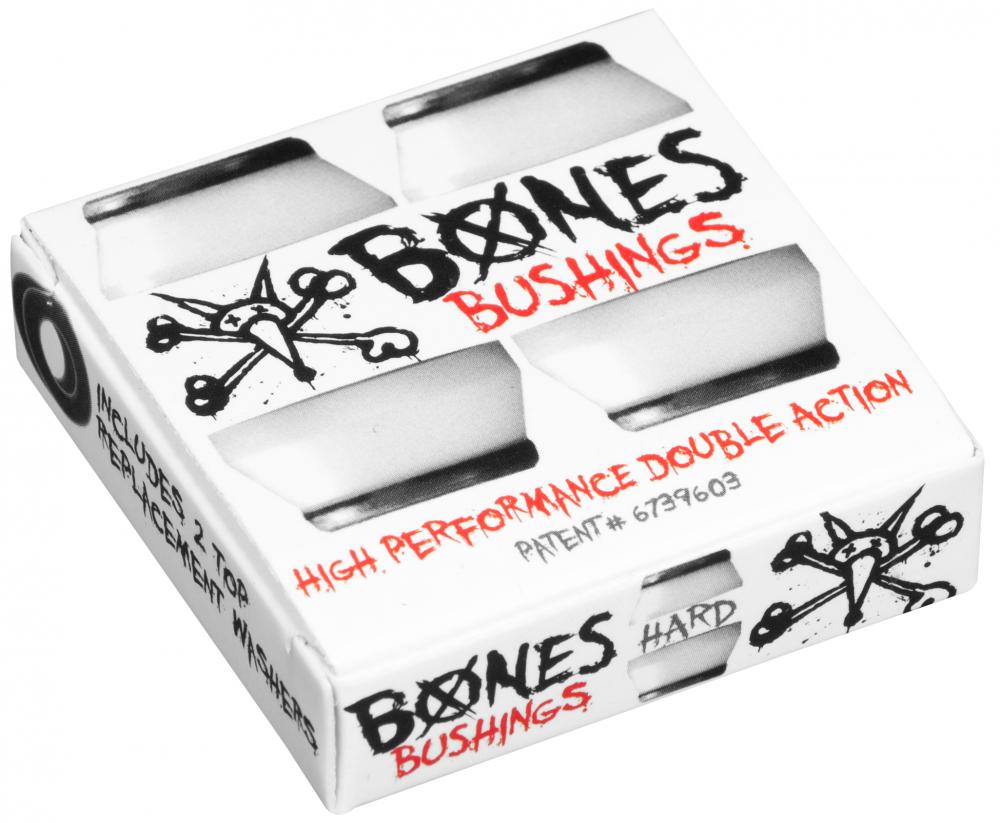 The Bones Hardcore Black Skateboard Bushings - Hard 96A, created by the renowned brand Bones, are labeled as "HIGH PERFORMANCE DOUBLE ACTION." The packaging features illustrations of skateboarding hardware and prominently displays patent number 6794603, highlighting the improved performance these double action bushings offer for skateboard trucks.