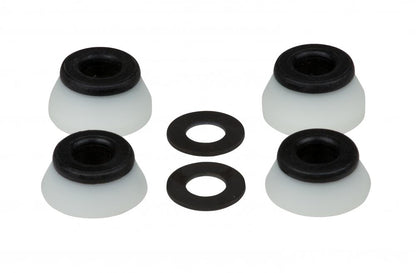 Four Bones Hardcore Black Skateboard Bushings, featuring a white rubber base with black tops and a Hard 96A rating, are arranged in a square. In between, two black washers provide balance to the setup. These items are positioned against a plain white background.