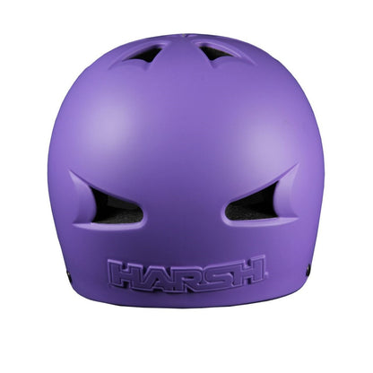 The Harsh EPS Skate / Scooter Helmet in Matt Purple is equipped with multi-directional vents, including two large openings on the top and additional smaller slits near the front. The word "HARSH" is embossed on the back, showcasing its Harsh Pro EPS design, known for producing lightweight helmets that offer excellent comfort and protection.