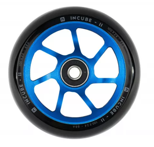 A blue Incube V2 stunt scooter wheel from Ethic is featured, showcasing a sleek black outer rim and a robust metal core. The wheel, which includes six spokes, is marked with the specifications "100x24-88A," indicating its 100mm performance compatibility.