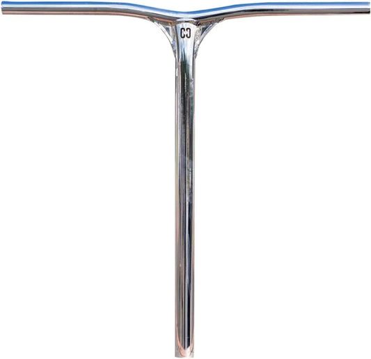 The CORE SL2 Aluminium IHC Stunt Scooter Bars, measuring 620mm x 620mm, boast a sleek chrome T-shaped handlebar with a subtle logo at its center. Its polished surface captures and reflects light beautifully against the plain white background, making it an ideal complement for any aluminium stunt scooter due to its IHC compression compatibility.