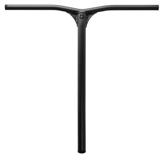 A black handlebar from CORE, known as the CORE SL2 Aluminium IHC Stunt Scooter Bars, is made from top-grade aluminium and set against a white background. Its minimalist T-shaped design includes a central cylindrical stem with two horizontal grips extending from the top, making it perfect for stunt scooter enthusiasts. Measuring 620mm by 620mm, this handlebar embodies simplicity and functionality.