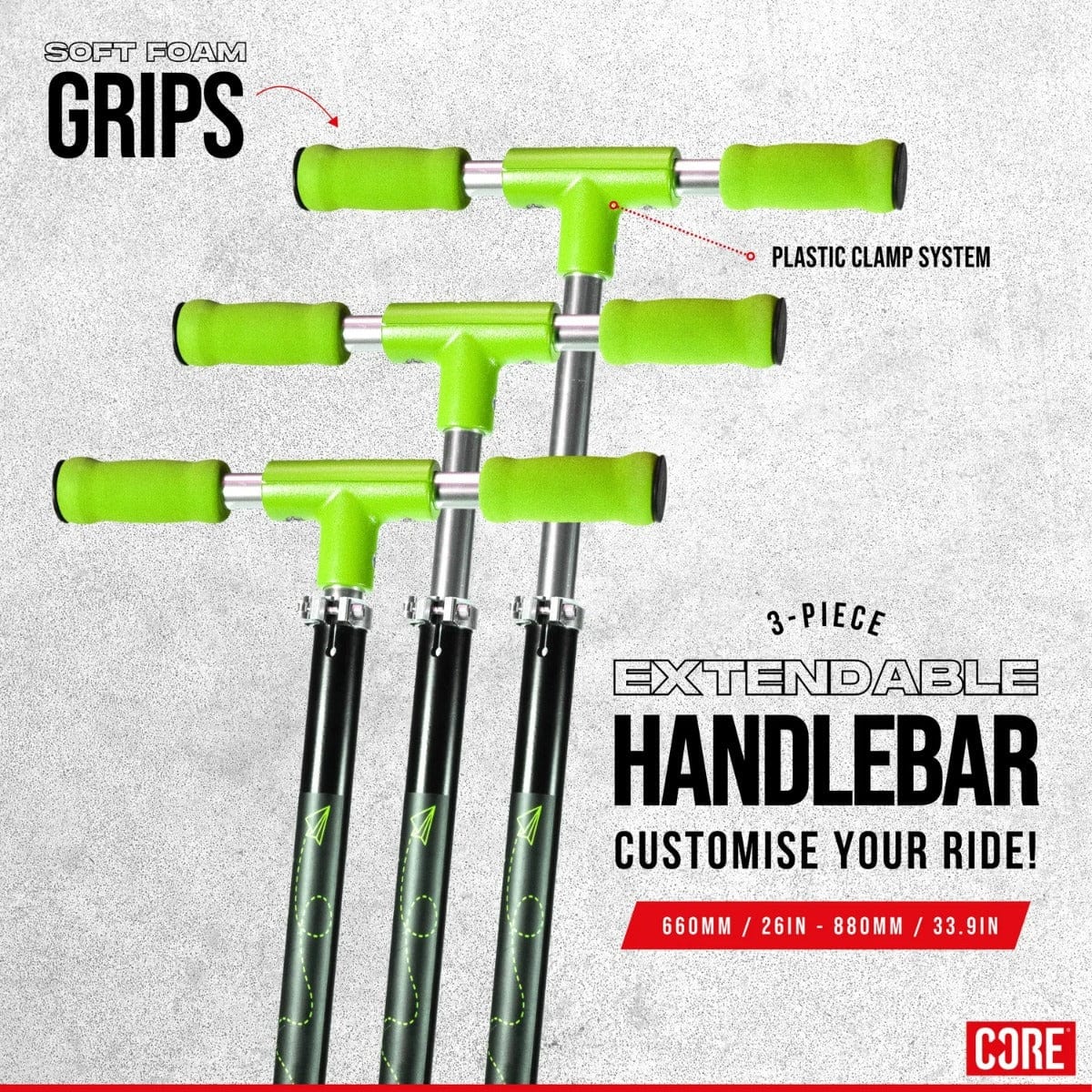 The "CORE" three-piece extendable handlebar, ideal for the CORE Foldy Kids LED Foldable Scooter in black and green, includes green soft foam grips and a plastic clamp system, allowing for adjustable lengths of 660mm (26in), 880mm (33.9in). This versatile handlebar design is perfect for setting up a foldable scooter or kids' LED scooter.