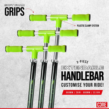 The "CORE" three-piece extendable handlebar, ideal for the CORE Foldy Kids LED Foldable Scooter in black and green, includes green soft foam grips and a plastic clamp system, allowing for adjustable lengths of 660mm (26in), 880mm (33.9in). This versatile handlebar design is perfect for setting up a foldable scooter or kids' LED scooter.