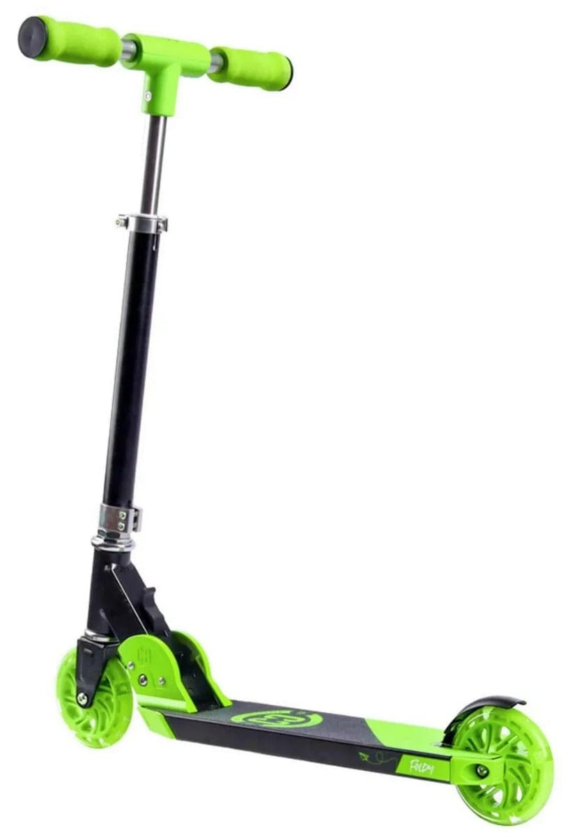 Introducing the CORE Foldy Kids LED Foldable Scooter in Black and Green, featuring vibrant green handlebars that glow, and LED wheels. This scooter by CORE boasts an adjustable handlebar and a lightweight design, making it perfect for kids or teens on the move.