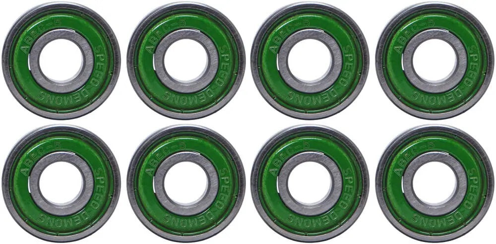 A set of green and silver Speed Demons ABEC 5 Brainiac Skateboard Bearings, perfect for your skateboard.