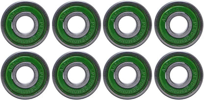 A set of green and silver Speed Demons ABEC 5 Brainiac Skateboard Bearings, perfect for your skateboard.