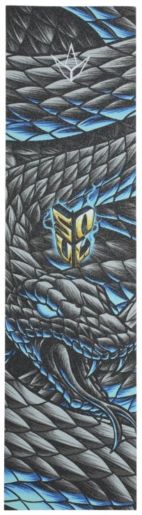 A skateboard deck showcases a stylized dragon with scales in shades of gray and blue, circling around a golden emblem adorned with abstract shapes. A geometric star symbol is prominently displayed at the top of the deck, while Blunt Envy KOS Stunt Scooter Griptape – Soul provides reliable traction for your rides.