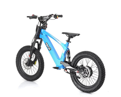 A Revvi 18" Kids Electric Balance Bike in blue, featuring a durable frame and thick, knobby tires, stands against a white background. It is equipped with hydraulic disc brakes and includes front and rear suspension for tackling rugged terrain.