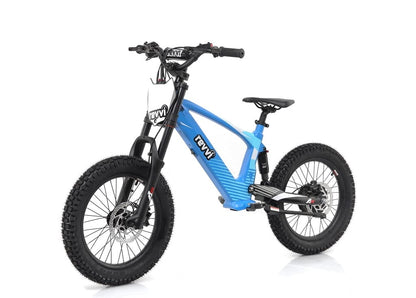 A blue Revvi 18" Kids Electric Balance Bike features thick tires, hydraulic disc brakes, and a robust frame. It includes a black handlebar, black pedals, and a seat with a sleek design. Displayed on a plain white background, it highlights its modern and sporty aesthetic similar to an electric mountain bike.