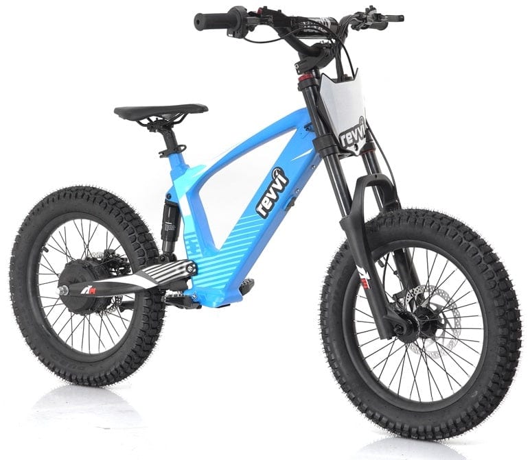 The Revvi 18" Kids Electric Balance Bike in blue, crafted by Revvi, offers a sleek design with advanced hydraulic disc brakes to ensure smooth and efficient stopping power for easy riding.