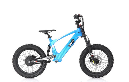 Introducing the Revvi 18" Kids Electric Balance Bike in blue, by Revvi. This bike is equipped with thick black tires and a robust frame, featuring a comfortable black seat. Designed for rugged terrains, it includes a suspension fork and hydraulic disc brakes for reliable performance.