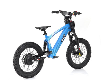 The Revvi 18" Kids Electric Balance Bike in blue, offered by Revvi, comes with thick tires and a robust frame. It features a rear hub motor and is equipped with suspension and hydraulic disc brakes, making it ideal for off-road adventures. Additionally, it has a black seat and handlebars complemented by a digital display to ensure both comfort and control.