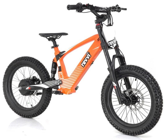 The Revvi 18" Kids Electric Balance Bike in vibrant orange boasts rugged black tires and a striking frame design, with the brand name "Revvi" prominently displayed on the front. Equipped with a sturdy suspension fork and hydraulic disc brakes, it's ideal for exciting off-road adventures.