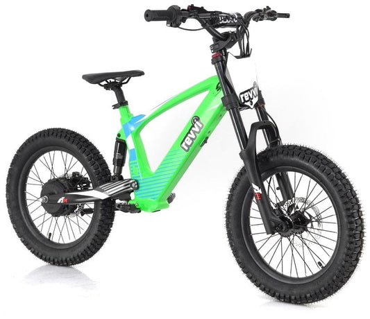 The Revvi 18" Kids Electric Balance Bike in green features thick black tires and a sturdy frame. Equipped with front suspension, hydraulic disc brakes, and a black handlebar showcasing the "Revvi" logo, this sleek and rugged bike is perfect for tackling challenging terrains.