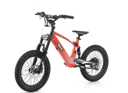 The Revvi 18" Kids Electric Balance Bike - Red stands out with its vivid color against a white background. Featuring a robust frame and thick, knobby tires, this bike is designed for young adventurers seeking top-notch performance. The front and rear suspension, along with disc brakes and a unique top tube design, ensure a thrilling ride.