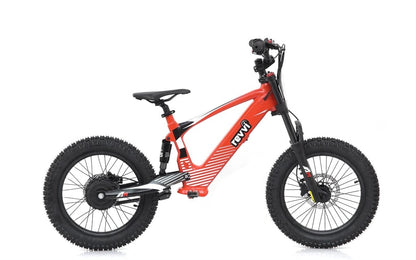 Introducing the Revvi 18" Kids Electric Balance Bike in red: this robust electric dirt bike boasts a sturdy frame and thick tires, ideal for off-road adventures. With a sleek black seat, black handlebars, and a pedal-free design emphasizing motorized power, it's the perfect thrilling ride for young explorers!