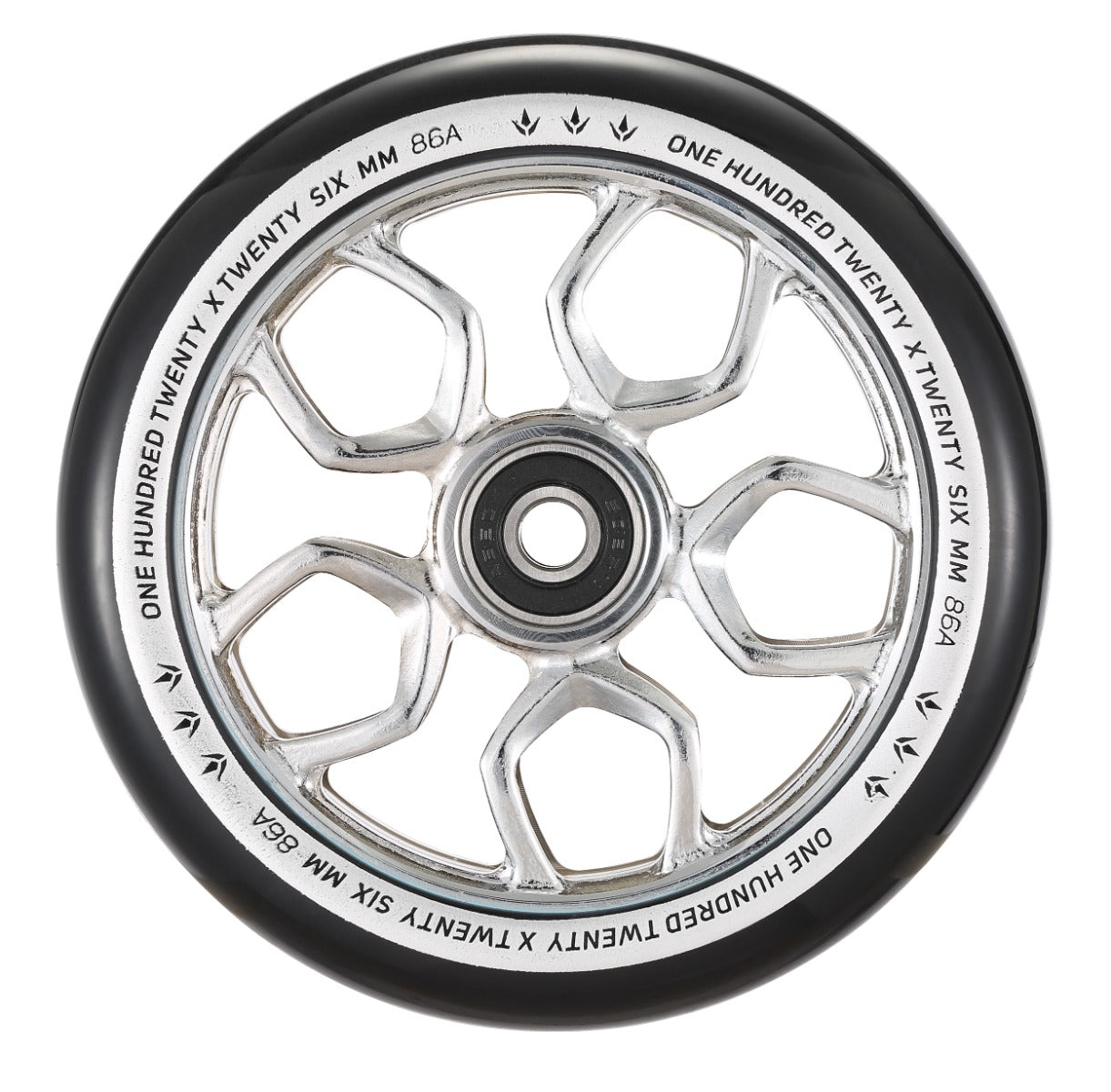 Close-up image of a Blunt Envy Lambo 120mm stunt scooter wheel in chrome silver, featuring a black tire. Designed for maximum grip, the wheel has hexagonal cutouts and text on the rim stating "One Hundred Twenty x Twenty Six MM 86A.