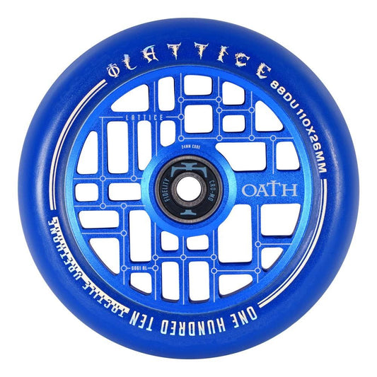 The Oath Lattice 110mm Stunt Scooter Wheel in blue, featuring white text, is designed with a lightweight, forged aluminum core to enhance performance.