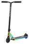 Introducing the Legacy 1.5 Pro Complete Stunt Scooter from Legacy, featuring a sleek black handlebar and deck paired with a dazzling Rainbow Neochrome metallic finish on the neck and lower deck. Equipped with black wheels showcasing white logos, this scooter is expertly crafted for performing tricks.