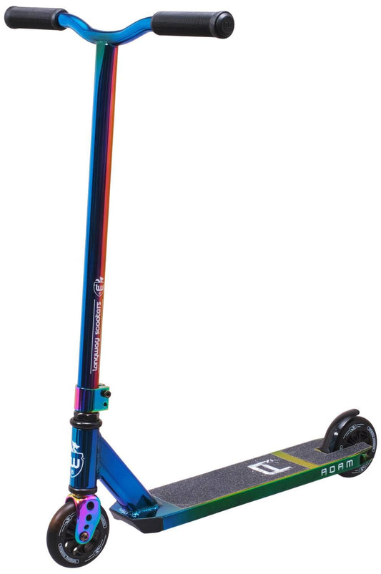 The Longway Adam Complete Stunt Scooter - Neochrome is a lightweight option perfect for beginners, featuring a vibrant rainbow gradient handlebar equipped with black grips. Its textured black deck provides a secure ride, and the small black wheels are designed specifically for stunts, making it an excellent choice for aspiring thrill-seekers.