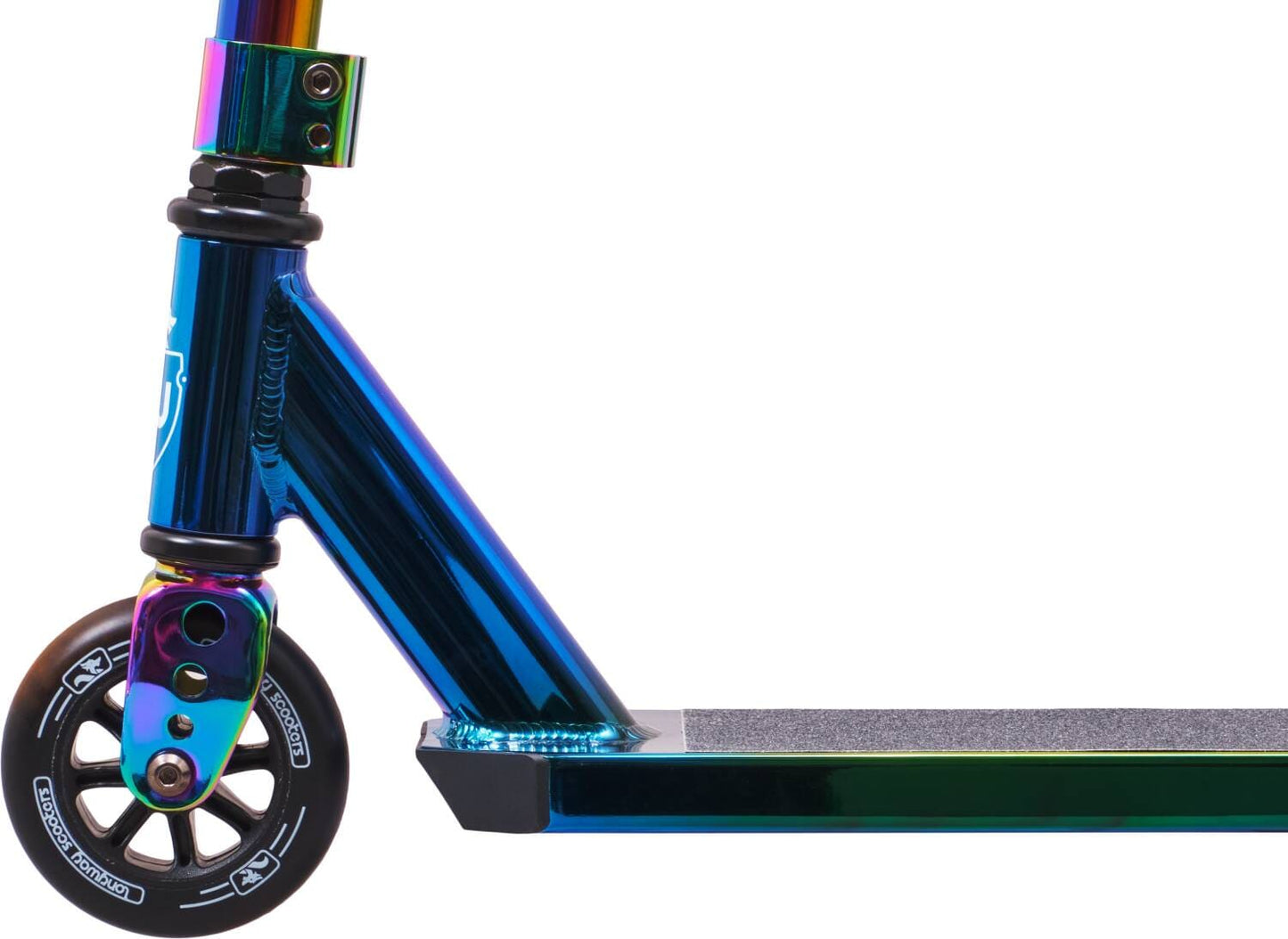 Close-up of the Longway Adam Complete Stunt Scooter in Neochrome, a lightweight scooter perfect for beginners. It features a vibrant finish with modern design elements, including a single wheel with a black tire, an angular deck with a textured surface for grip, and a sturdy frame.