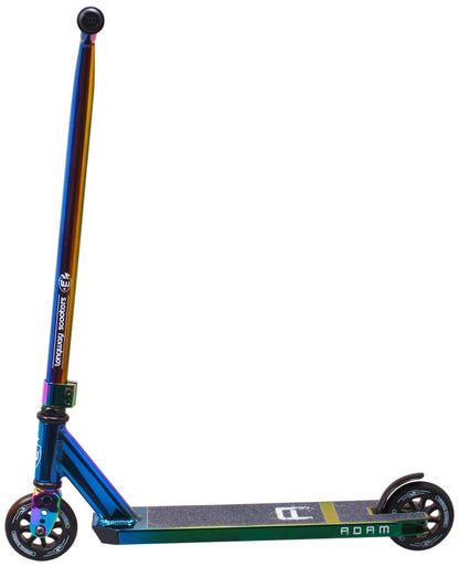 The Longway Adam Complete Stunt Scooter - Neochrome is a vibrant and lightweight scooter ideal for beginners. It features a rainbow gradient handlebar and metallic frame, complemented by two small wheels and a deck with black grip tape. The name "Adam" stands out prominently on the side, adding to its colorful appeal.