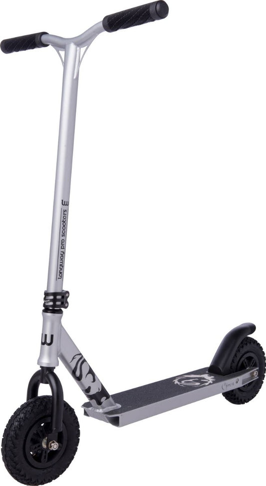 Introducing the Longway Chimera Complete Dirt Scooter - Raw, by Longway. This scooter features a sleek silver and black design with sturdy pneumatic tires for off-road adventures. It boasts a T-shaped handlebar with grip handles for enhanced control and stability. The deck displays an eye-catching graphic design, emphasizing its sporty aesthetic while standing upright in readiness for your next adventure.