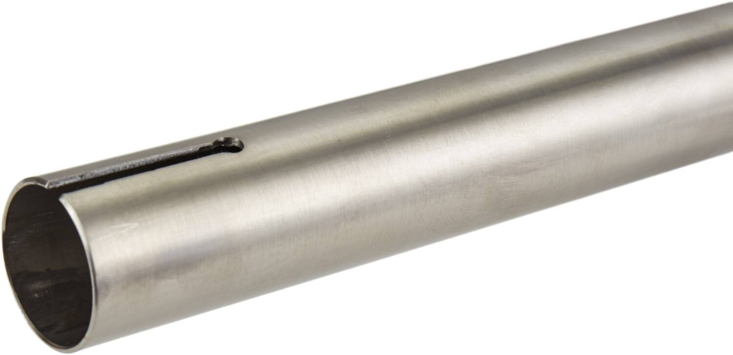 A close-up of a Longway Kronos Titanium Oversized HIC Stunt Scooter T-Bar, highlighting its smooth surface and a linear groove running along its side. The raw cylindrical pipe, measuring 650mm x 610mm, is positioned diagonally from the bottom left to the top right, exemplifying the precision and elegance perfect for custom scooter designs.