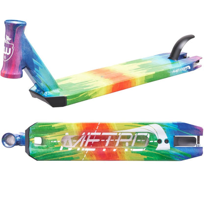 The Longway Metro Bifrost Stunt Scooter Deck, measuring 4.3" x 19.7", showcases a striking rainbow gradient design on its colorful aluminum surface. Ideal for park riding, its underside prominently features the word "METRO" in bold white letters, enhanced by a sleek shape and complemented with a black rear fender.