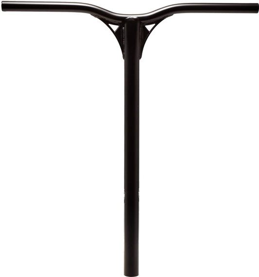 The Longway Metro Aluminium Oversized IHC Stunt Scooter T-Bars in black, measuring 600mm x 556mm, boast a lightweight aluminium construction with a T-shape design. The sleek and minimalist aesthetic is highlighted by a horizontal bar intersecting the vertical stem, set against a plain white background.