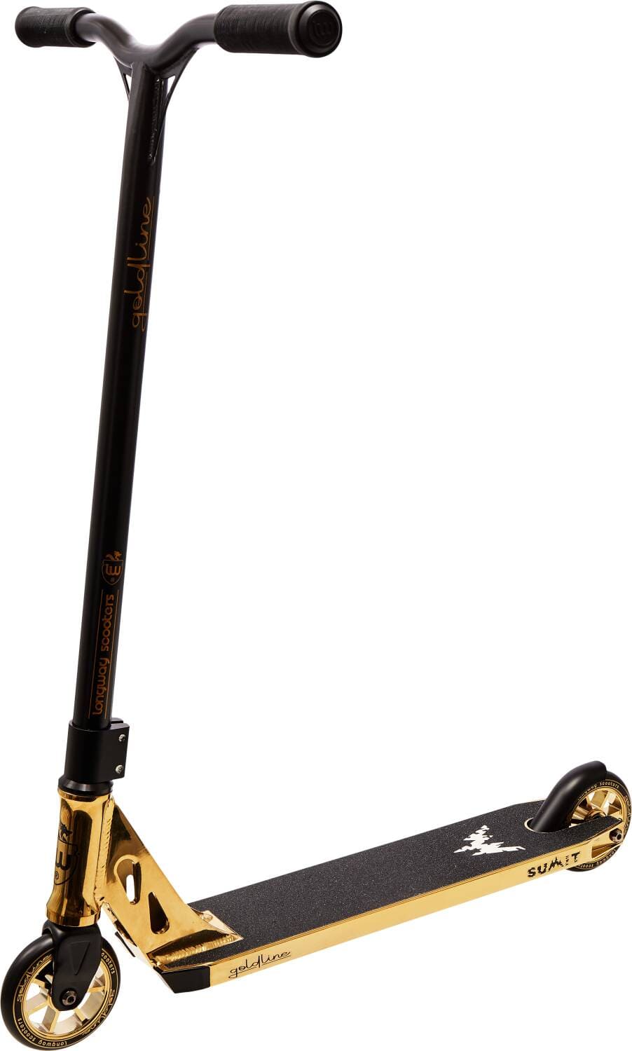 The Longway Summit 2k19 Complete Stunt Scooter - Goldline, crafted by Longway, showcases durable parts ideal for any skatepark adventure with its sleek black and gold design.