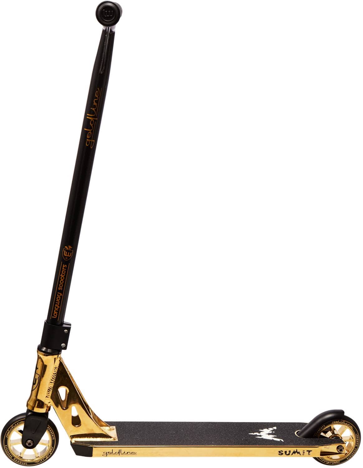 The Longway Summit 2k19 Complete Stunt Scooter - Goldline offers a striking gold and black design that’s ideal for the skatepark. The scooter features a narrow deck and durable handlebars, with gold wheels and deck providing a sharp contrast to the black handles and bar. The name "Summit" adds to its contemporary, stylish allure.
