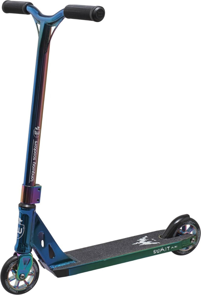 The Longway Summit Mini 2k19 Complete Stunt Scooter features a striking full neochrome design, complete with an integrated headset and IHC system for a smooth ride.