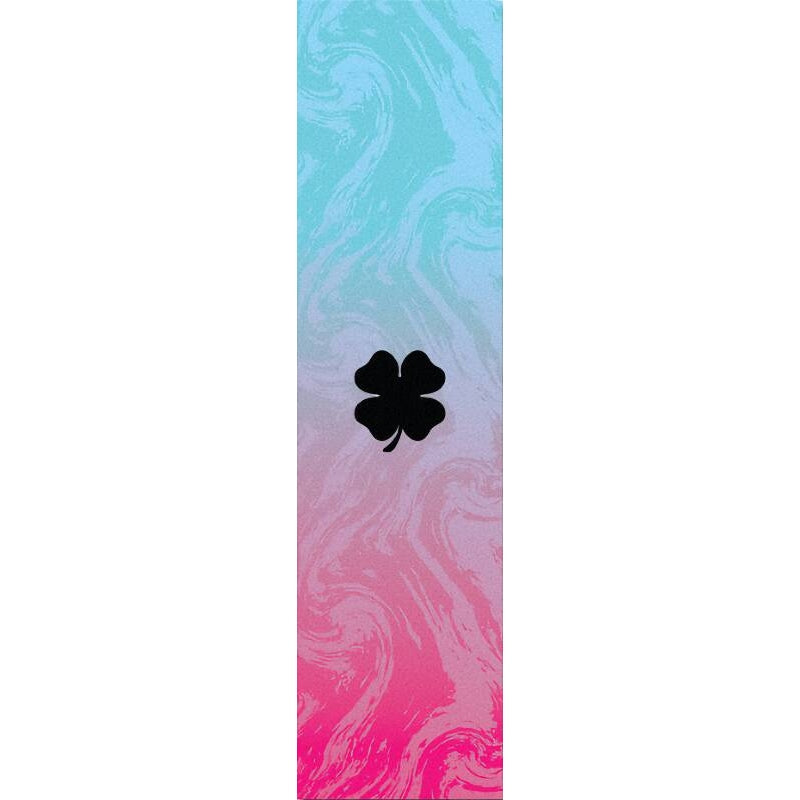 Resembling the stylish design of the Lucky GripperTape Stunt Scooter Griptape - Rush, a black four-leaf clover silhouette is centered on a vertical background with a swirled gradient pattern that transitions from teal at the top to pink at the bottom.