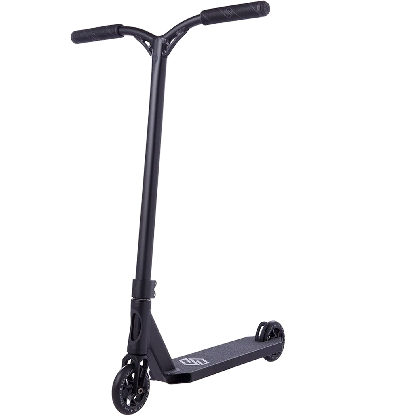 The Striker Lux Pro Complete Stunt Scooter in black showcases a sleek and lightweight design, featuring an aluminum T-bar handle and two small wheels. The deck displays a subtle logo design, perfectly highlighted against a white backdrop to emphasize its minimalist and modern aesthetic.