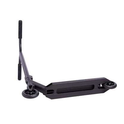 The Striker Lux Pro Complete Stunt Scooter - Black is a sleek model crafted from lightweight aluminum, featuring a wide deck and two small wheels. Its low-positioned handlebars emphasize its trick-performing capabilities, while maintaining a minimalist and modern design.