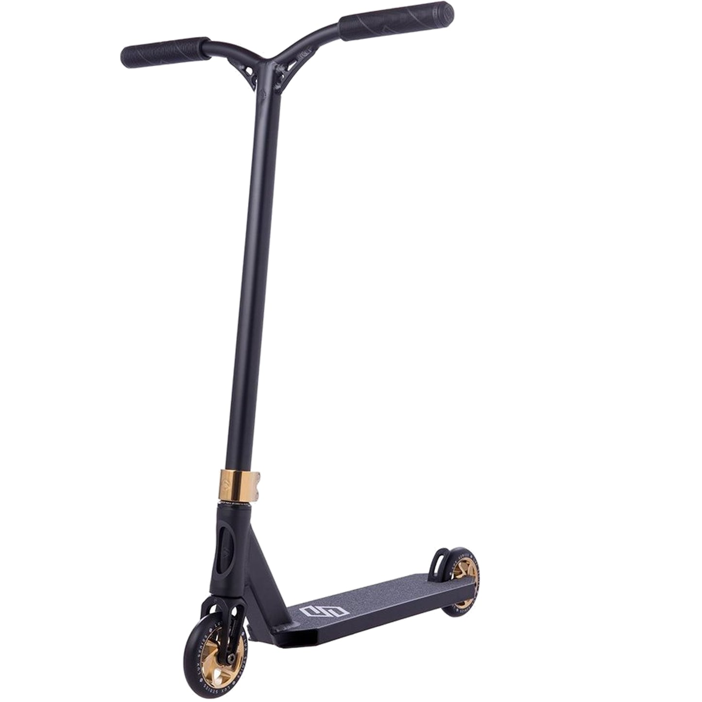 The Striker Lux Pro Complete Stunt Scooter by Striker is a gold chrome, lightweight aluminum scooter with a sleek T-bar handle. It boasts grip tape on the deck and has gold-colored wheels, embodying a minimalist and sporty design ideal for performing tricks.