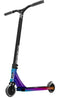 The Revolution Storm Complete Stunt Scooter - Neochrome showcases vibrant hollow core wheels and a sleek black handlebar. The storm deck exhibits a captivating gradient that smoothly transitions from blue to purple to red, with the brand name "Revolution" prominently featured on both the handlebar and deck.