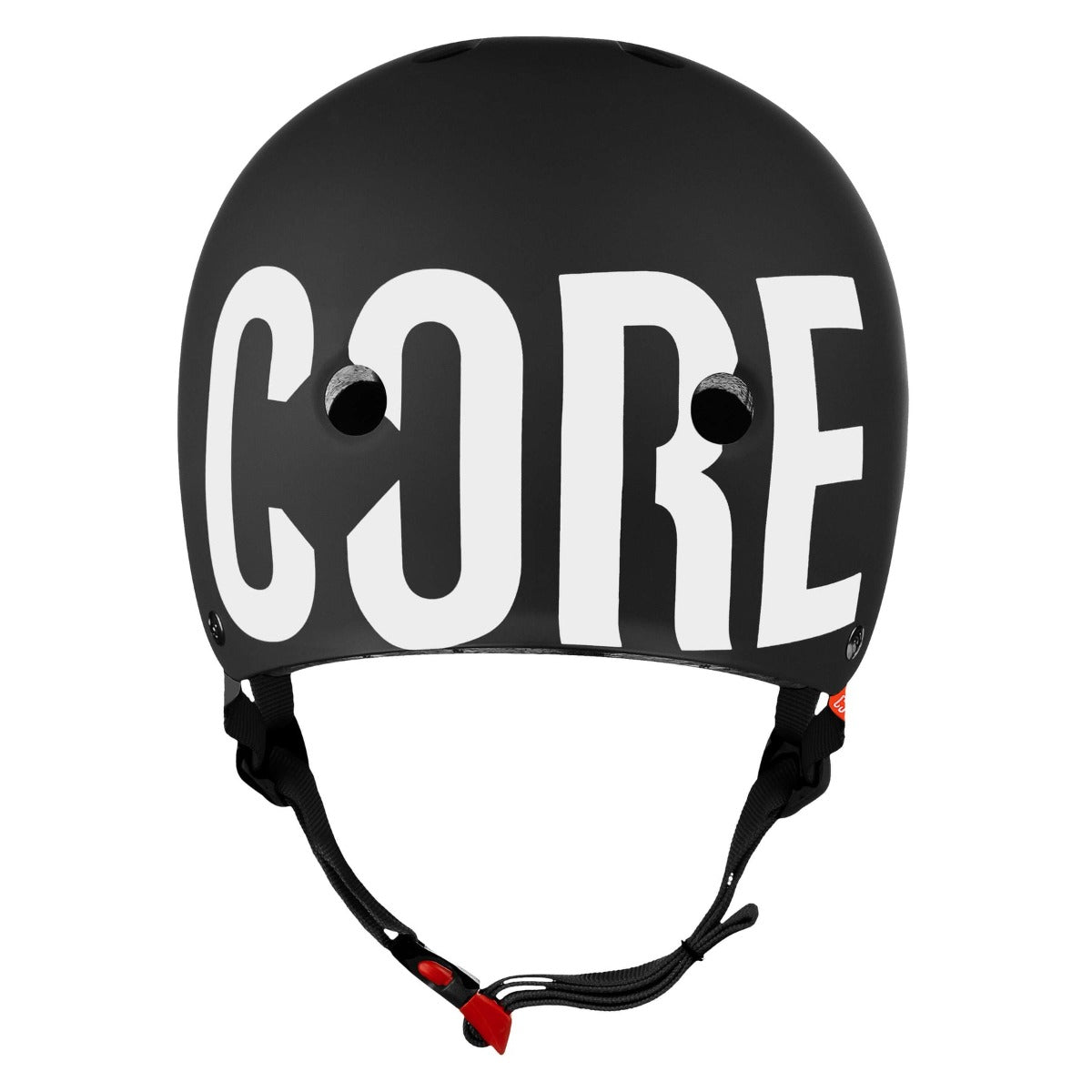 Introducing the CORE Street Skate/Scooter Helmet in Black/White, designed by CORE. This helmet is ideal for skatepark adventures, featuring bold white "CORE" lettering on the front. It includes Lux Pads for enhanced comfort and comes with a black adjustable chin strap accented by red detailing.