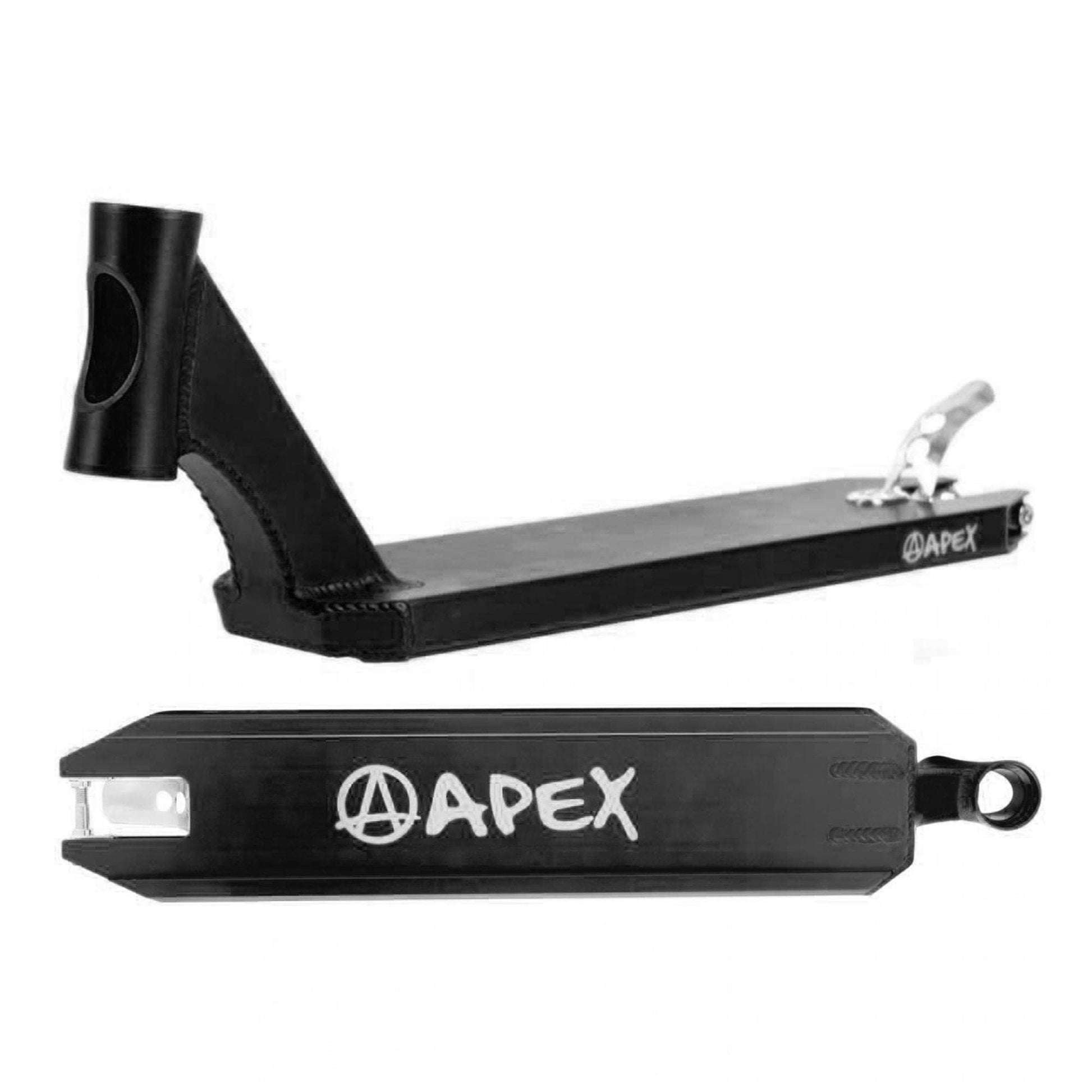 This image features the Apex Pro Black Stunt Scooter Deck, sized at 4.5" x 18.1", a lightweight deck from the brand Apex, prominently displaying its recognizable logo in white. Shot from a side angle and top view, it emphasizes the scooter's sleek design and sturdy metal build, ideal for professional stunts.