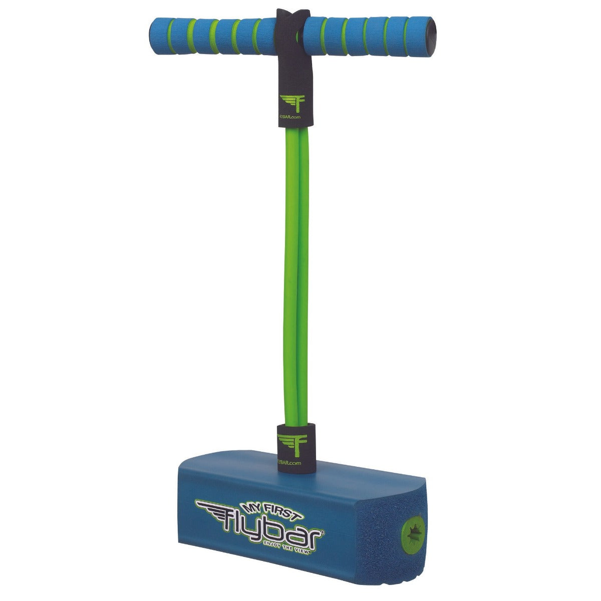 Introducing the Flybar My First Foam Pogo Jumper, a charming kids' pogo stick with a blue foam base and a lively green handle. This playful toy showcases handles adorned with blue stripes and features the "My First Flybar" branding in cheerful green and white on the base. It's an ideal addition to any child's toy collection.