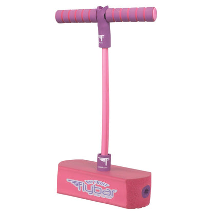 Introducing the Flybar My First Foam Pogo Jumper in pink and purple, a delightful toddler toy. With a sturdy design for safe bouncing and a flexible rubber strap connecting the base to the handlebars, it's an ideal active toy for beginners.