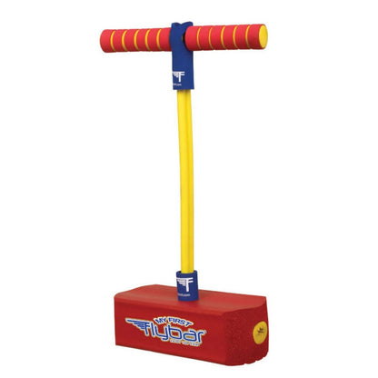 The Flybar My First Foam Pogo Jumper features a vibrant red foam base and a yellow handlebar, complete with matching red and yellow grips. The base proudly displays the words "My First Flybar," making it an ideal active toy for children.