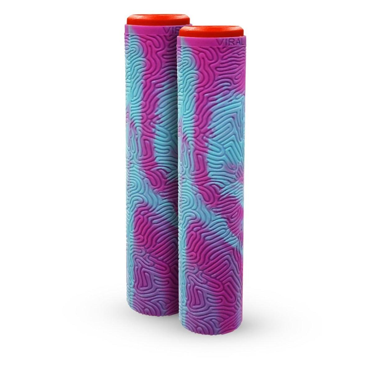 Introducing the Madd Gear MGP MFX Viral Grind Blue / Pink Stunt Scooter Grips - 180mm, a set of vibrant and durable grips crafted from high-quality TPR compound. These grips feature an intricate labyrinth pattern in striking shades of pink, purple, and blue, completed with stylish red caps. Ideal for Madd Gear fans seeking both style and endurance for their ride.