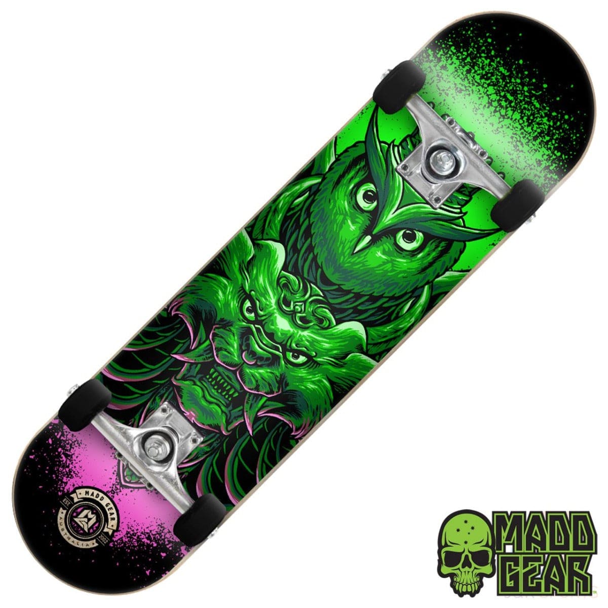 Introducing the Madd Gear MGP Pro Series Bubo Green Complete Skateboard - 8" x 31", featuring a colorful and dynamic green and pink design with an owl and a lion-like creature. Ideal for young skaters and beginners at the skatepark, the deck is proudly branded with the Madd Gear (MGP) name, showcasing their unique green skull logo in the corner.