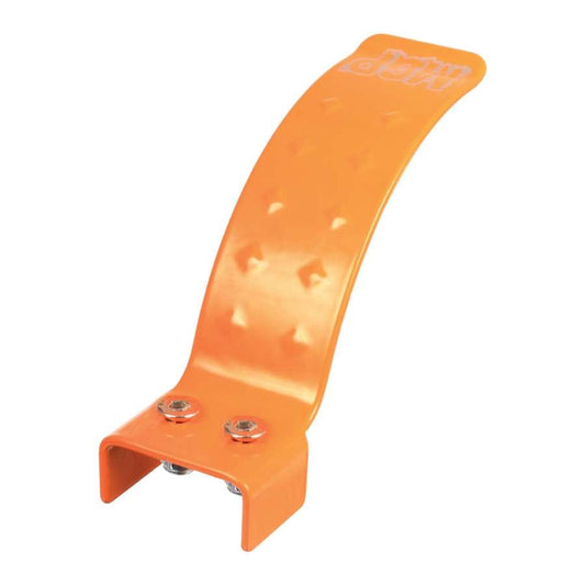 The Madd Gear MGP Flexi Dual Hole 100mm Stunt Scooter Brake - Orange is a curved metal bracket adorned with embossed diamond-shaped patterns, tailored specifically for Madd Gear Scooters. It includes two bolts for easy attachment and is designed to integrate seamlessly with 100mm wheels for an optimized riding experience.