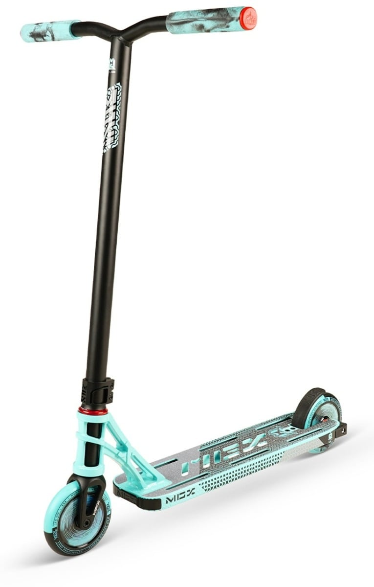 The Madd Gear (MGP) MGX P2 Pro Complete Stunt Scooter - Taze is a teal and black stunt scooter featuring a T-bar handle, a textured deck, and two wheels. The handlebars are equipped with teal grips, while the front wheel showcases a red axle bolt. This freestyle scooter design features both matte and glossy finishes.