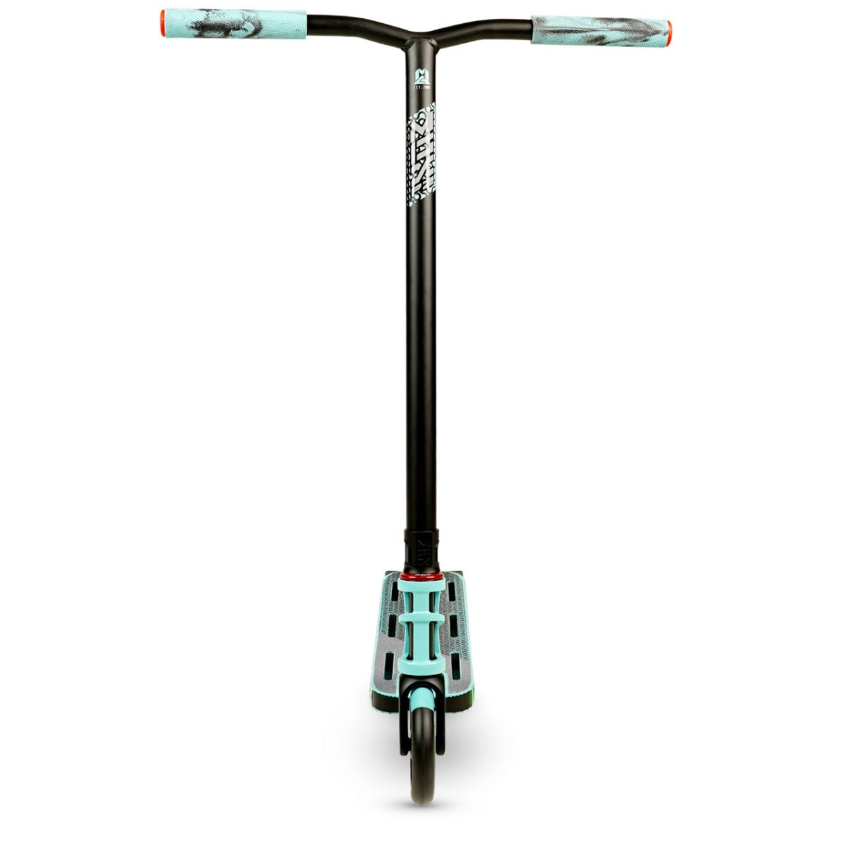 Front view of the Madd Gear MGP MGX P2 Pro Complete Stunt Scooter - Taze in black and teal, featuring cyan handle grips and a single front wheel. This Madd Gear stunt scooter showcases a robust design with an attractive graphic pattern on the T-bar and deck.