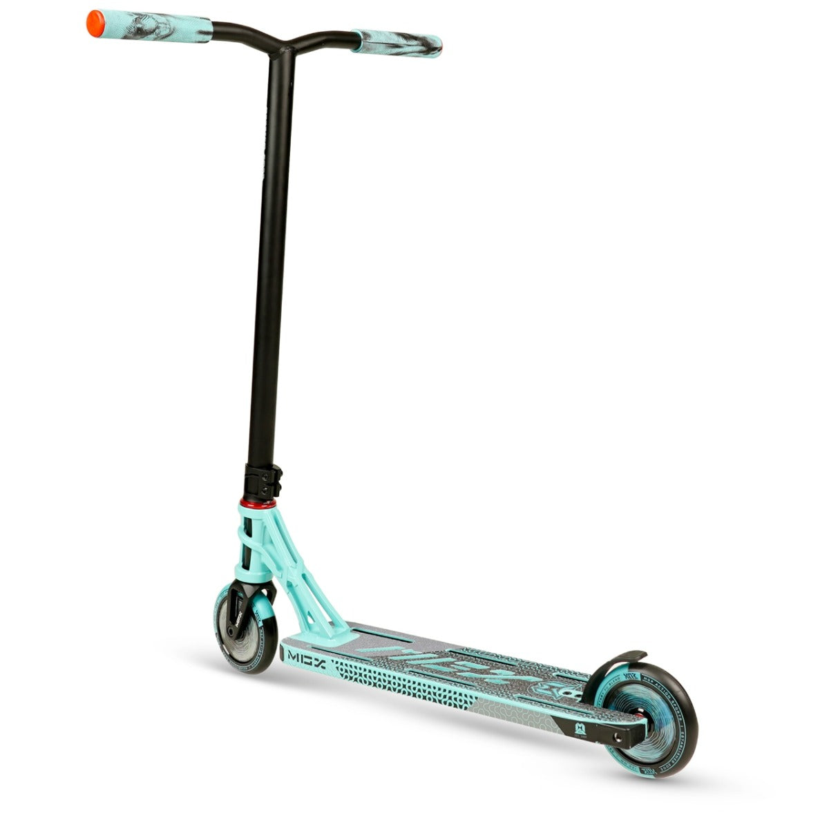 The Madd Gear MGP MGX P2 Pro Complete Stunt Scooter - Taze, by Madd Gear, is a teal and black freestyle scooter featuring a T-shaped handlebar and two small wheels. Its deck displays a geometric pattern, while the light blue grips with orange end caps add a stylish touch. Perfect for executing impressive stunts!